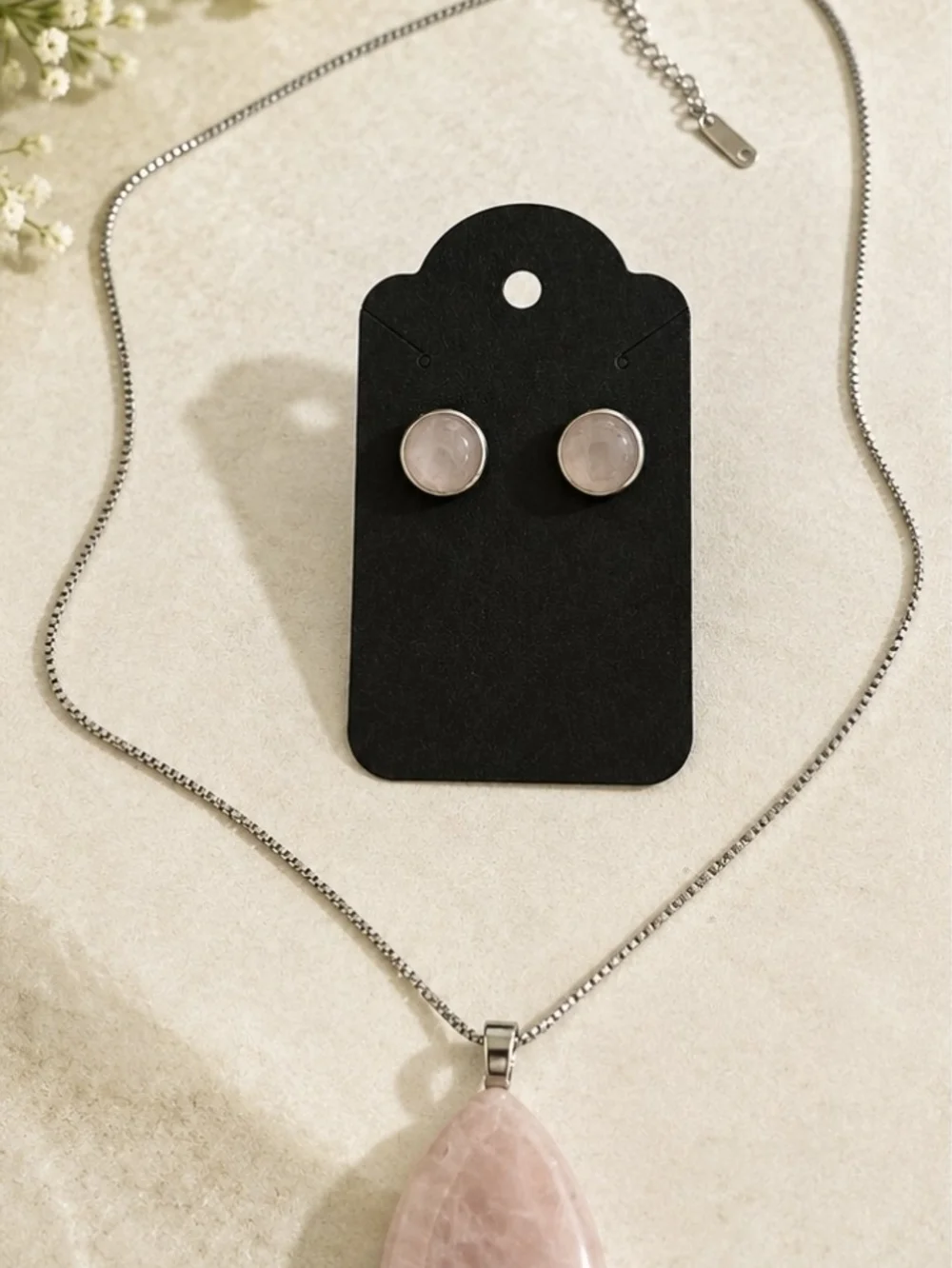 Handmade Rose Quartz Teardrop Necklace & Stud Earrings Set | Stainless Steel